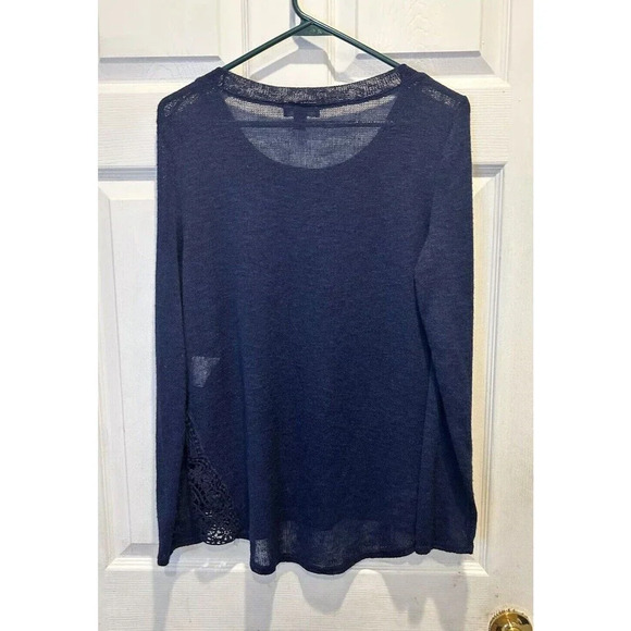 Vintage A. Byer Blue Boho Flowy Top Crochet Panel Knit Sweater Made In USA Large - Picture 5 of 6